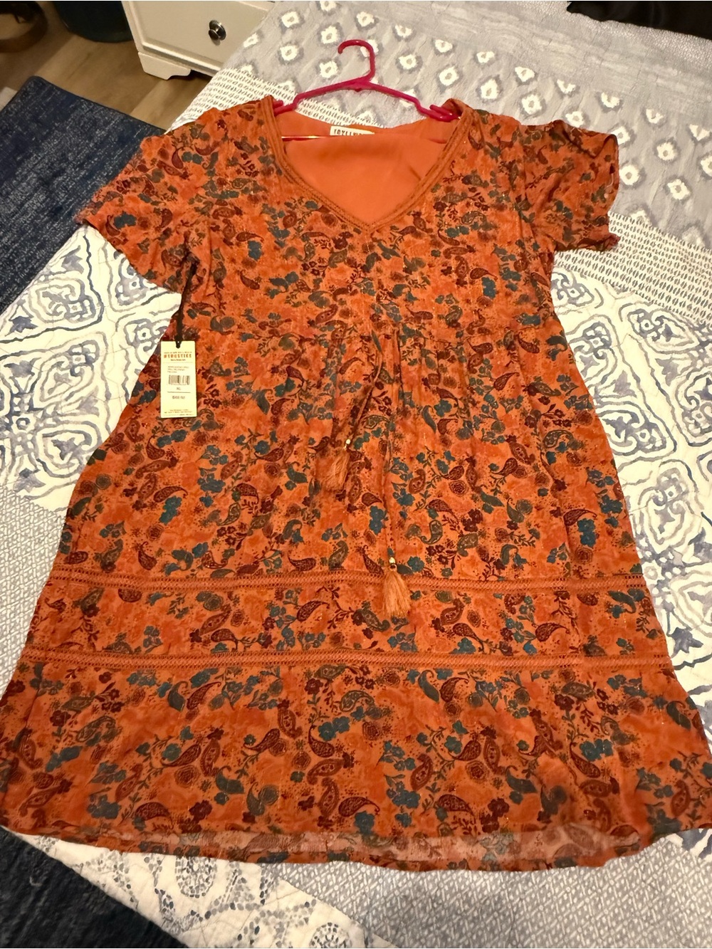 Idyllwind Orange Floral V-Neck Tassel-Front Midi Dress